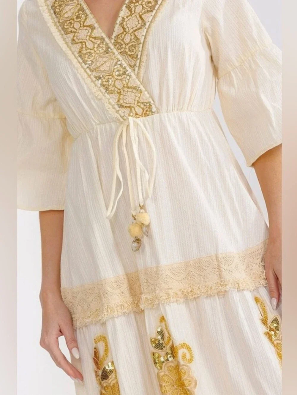 Boho Embroidered V-Neck Maxi Dress - Ivory with Gold Accents